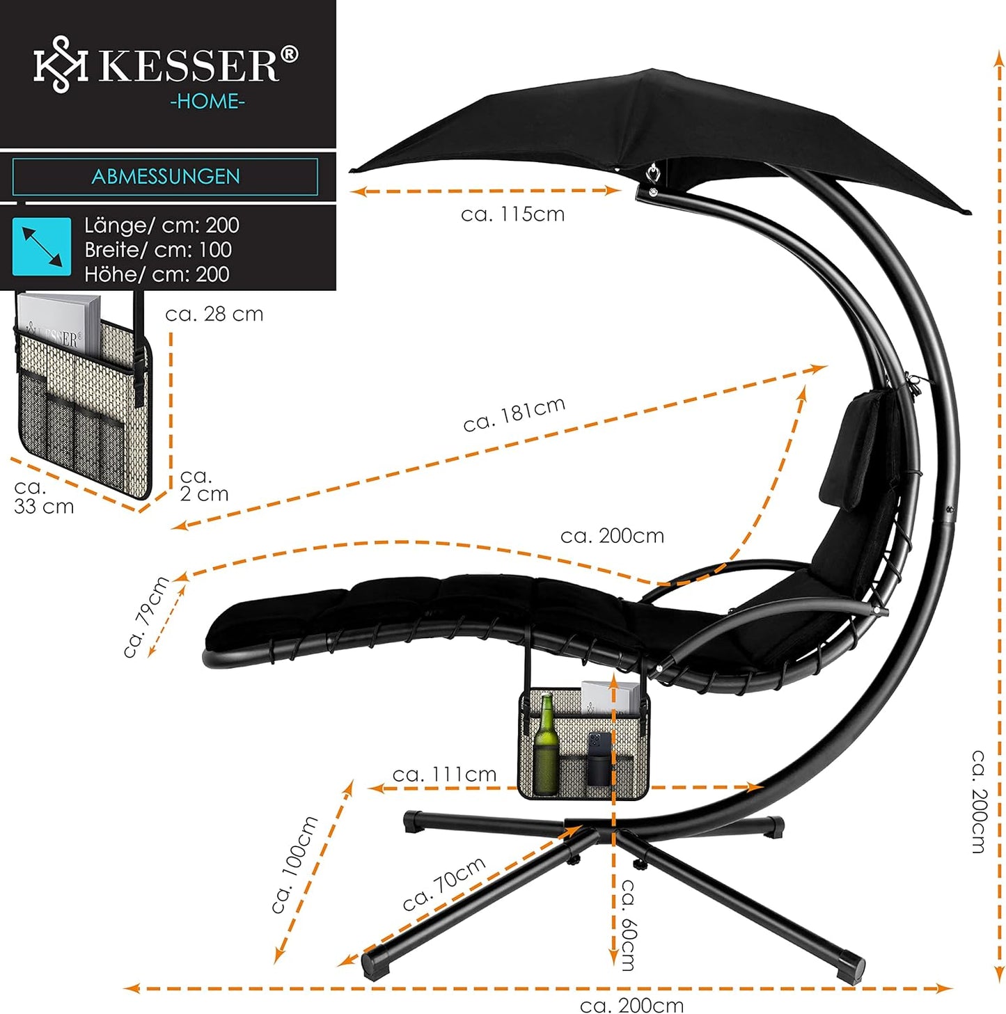 Chaise longue suspendue avec parasol et matelas inclus - Chaise longue suspendue