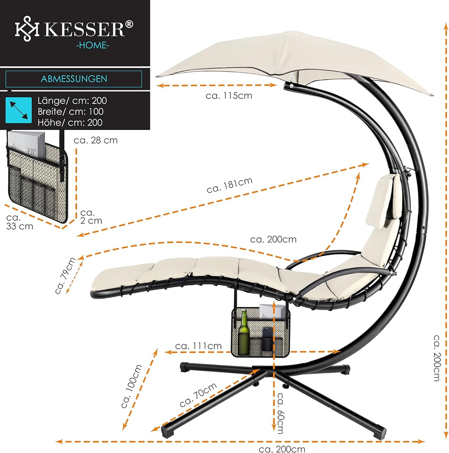 Chaise longue suspendue avec parasol et matelas inclus - Chaise longue suspendue