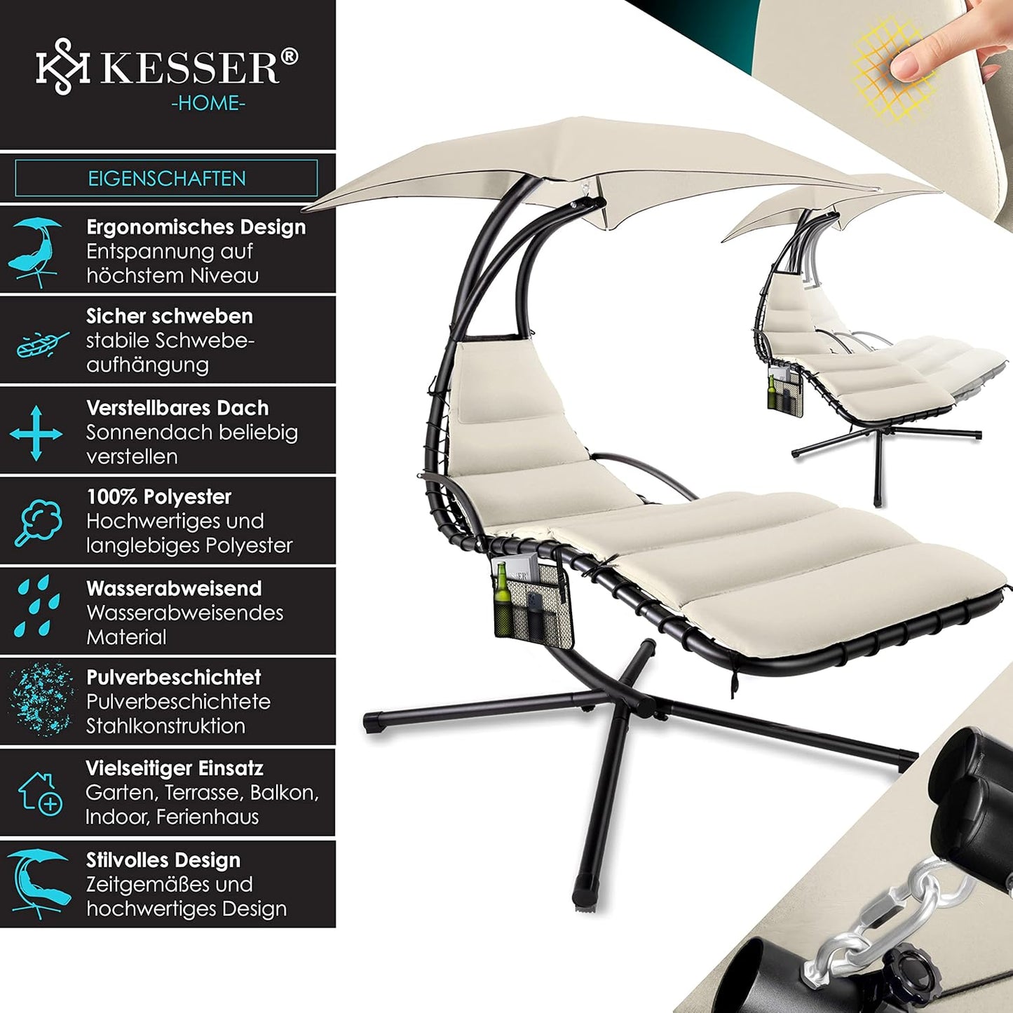 Chaise longue suspendue avec parasol et matelas inclus - Chaise longue suspendue